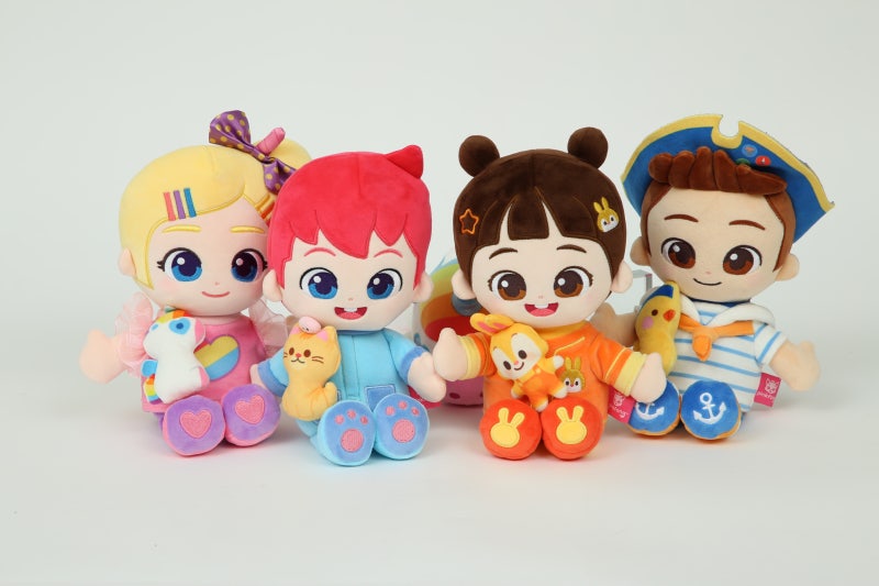 Four Bebefinn Magnetic Cuddle Plush characters lined up side by side